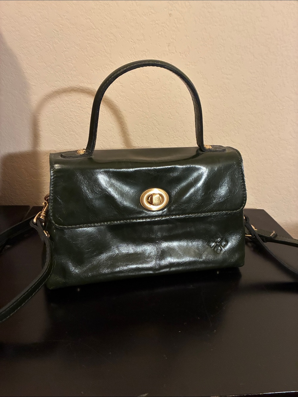 Patricia Nash Forest Green Leather Top-Handle Satchel with Gold Turn-Lock
